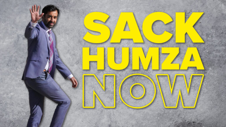 Graphic with image of SNP Health Secretary Humza Yousaf with the words, 'Sack Humza now.'